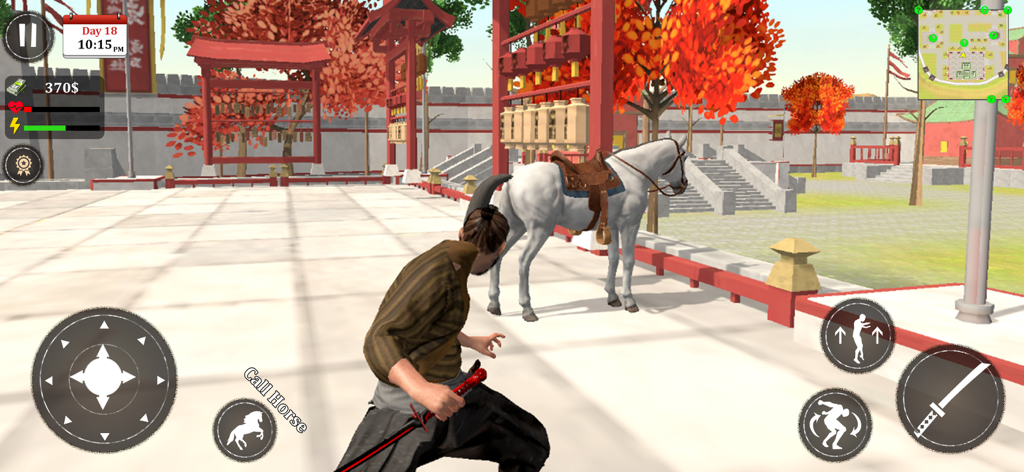 Samurai Warrior Fighting Games - Samurai character standing near a white horse in a feudal Japanese courtyard gameplay screenshot