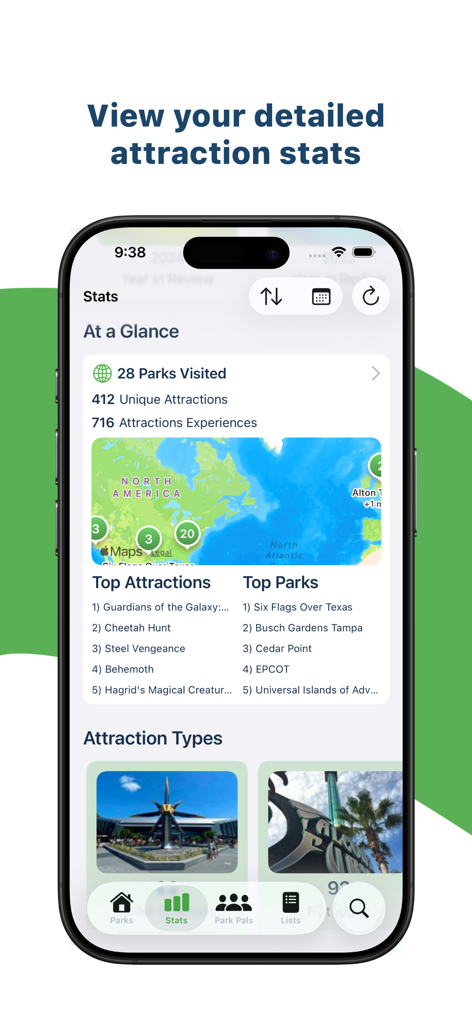 Un teléfono inteligente que muestra estadísticas de parques temáticos que incluyen parques visitados, atracciones únicas y las mejores listas en la aplicación LogRide.