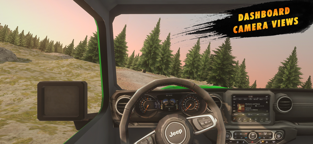 Real Offroad 4x4 Mud Trucks - First person interior camera view from the dashboard of a Jeep driving through a forest trail at sunset