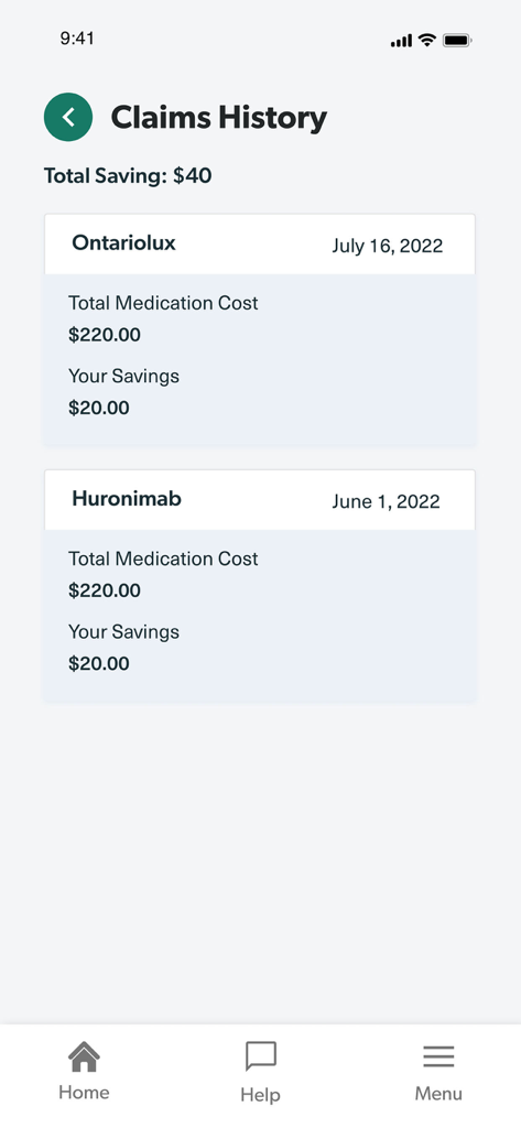 MyRx Care Support - MyRx Care Support app claims history screen displaying total medication savings and drug cost details.