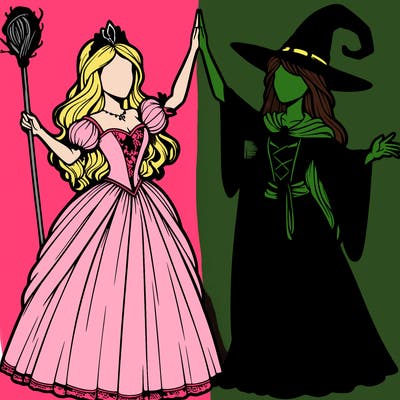 detailed realistic split of a princess and a witch