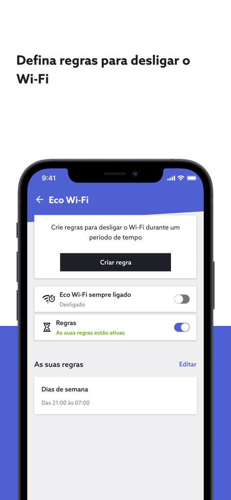 The NOS Net app interface displaying Eco Wi-Fi settings to schedule automatic network downtime.