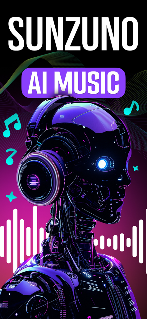 Song AI: Music & Lyrics Maker - Futuristic robot wearing headphones with Sunzuno AI Music text and sound waves