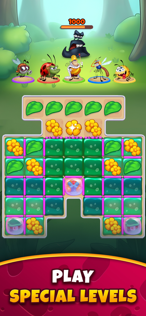Best Fiends - Match 3 Puzzles - Capture d'écran du jeu Best Fiends montrant une équipe de personnages mignons et un plateau de jeu de type Match 3 avec des feuilles et des fleurs.