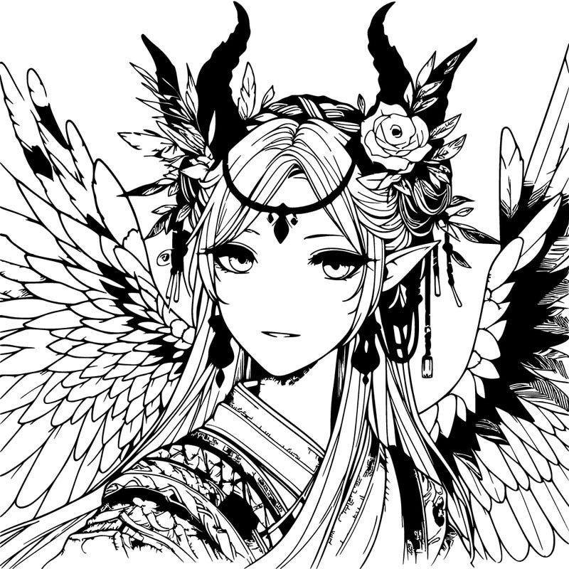 a realistic fantasy manga queen with wings and horns