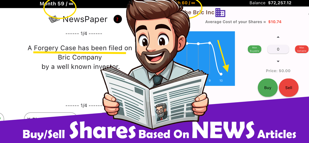 Rat Race 2 - Investing Game - Un personaje en Rat Race 2 leyendo un artículo de noticias sobre un caso de falsificación de una empresa para decidir si comprar o vender acciones.