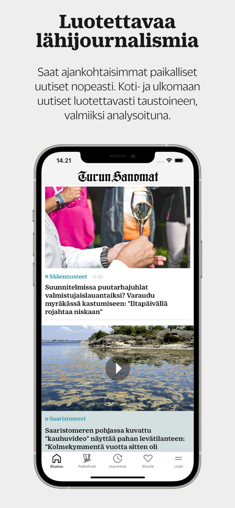 TS – Turun Sanomat - A smartphone showing the Turun Sanomat news app with articles about local Finnish news and journalism.