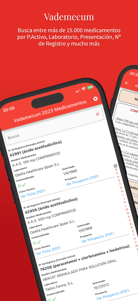 Vademecum 2025 Medicamentos - Vademecum 2025 앱의 의약품 검색 결과를 보여주는 iPhone