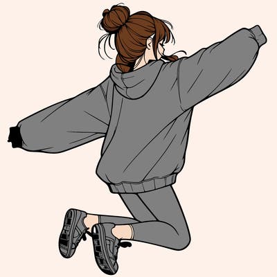 realistic girl jumping with a bun and oversized sweatshirt