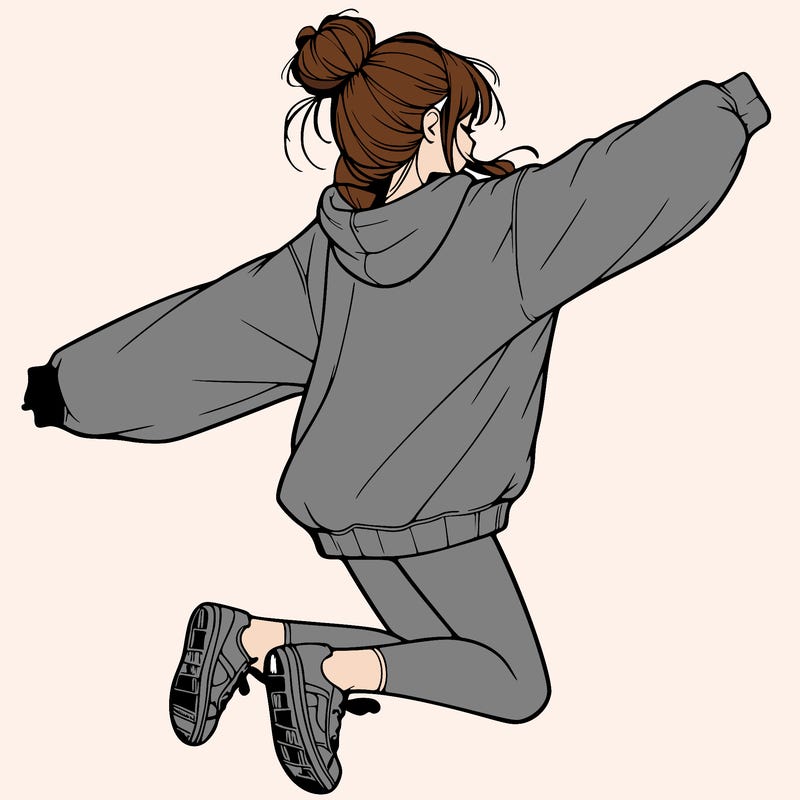 realistic girl jumping with a bun and oversized sweatshirt