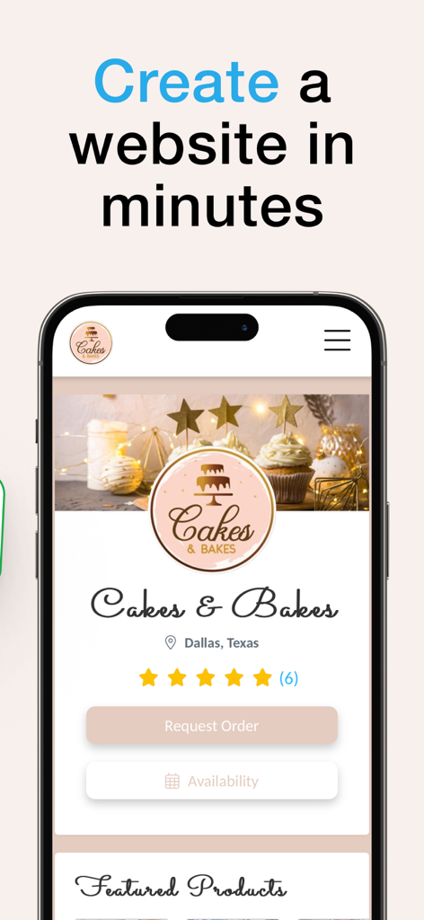 Bakesy: Home Bakery Biz App - Cakes and Bakesという名前のホームベーカリービジネス向けのカスタムオンラインストアフロントを表示する携帯電話。