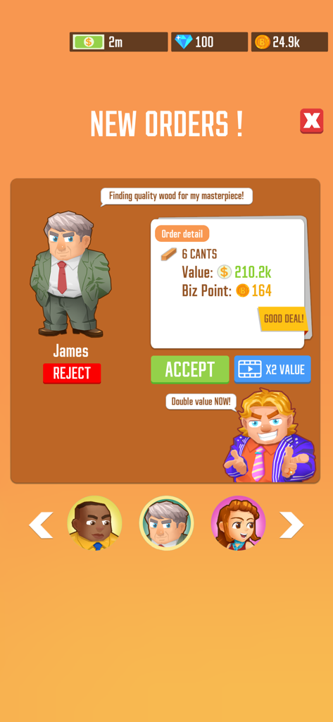 A new order interface in Idle Lumber Empire showing character James requesting wood planks for business points