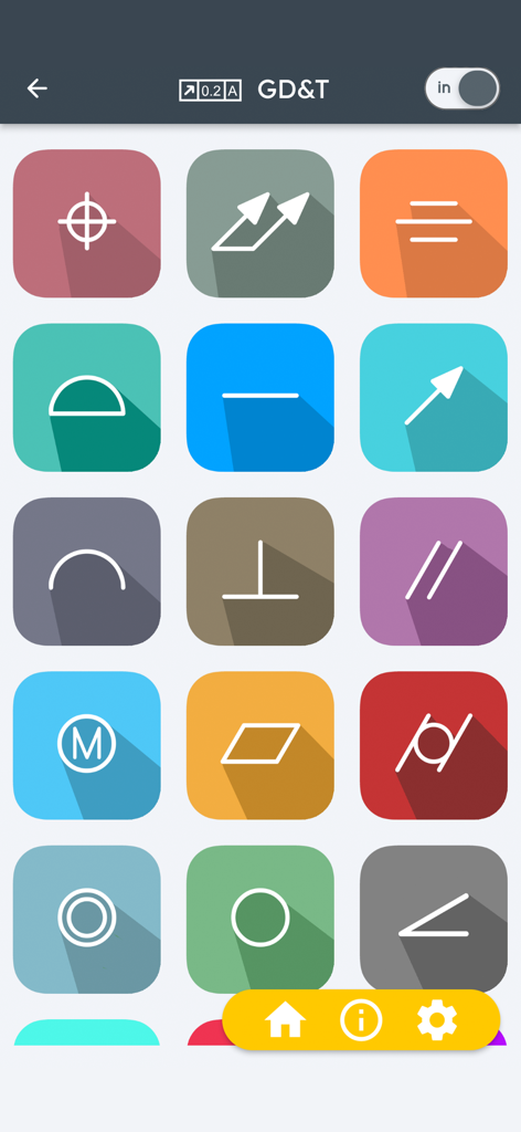 A grid of Geometric Dimensioning and Tolerancing GD and T symbols within the CNC Machinist Calculator Ultra app.