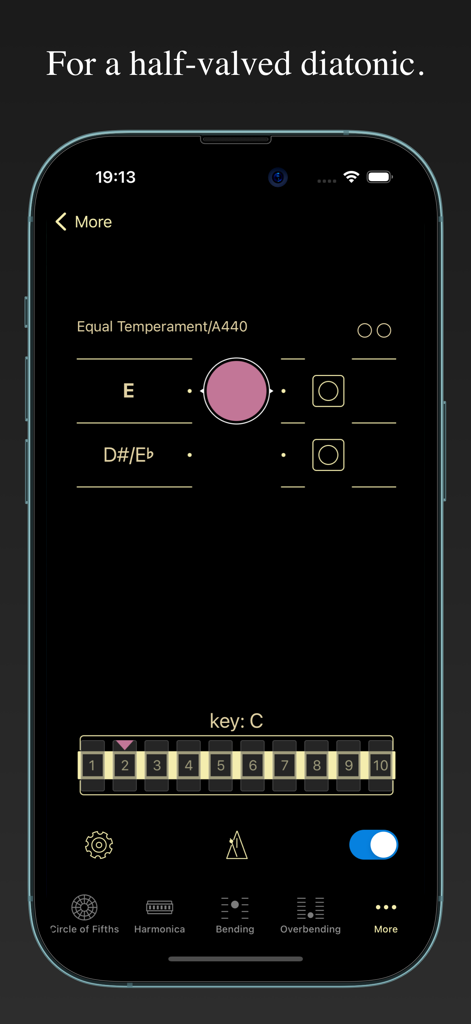 Harmonica Bending Trainer app screen for half-valved diatonic practice showing visual note feedback