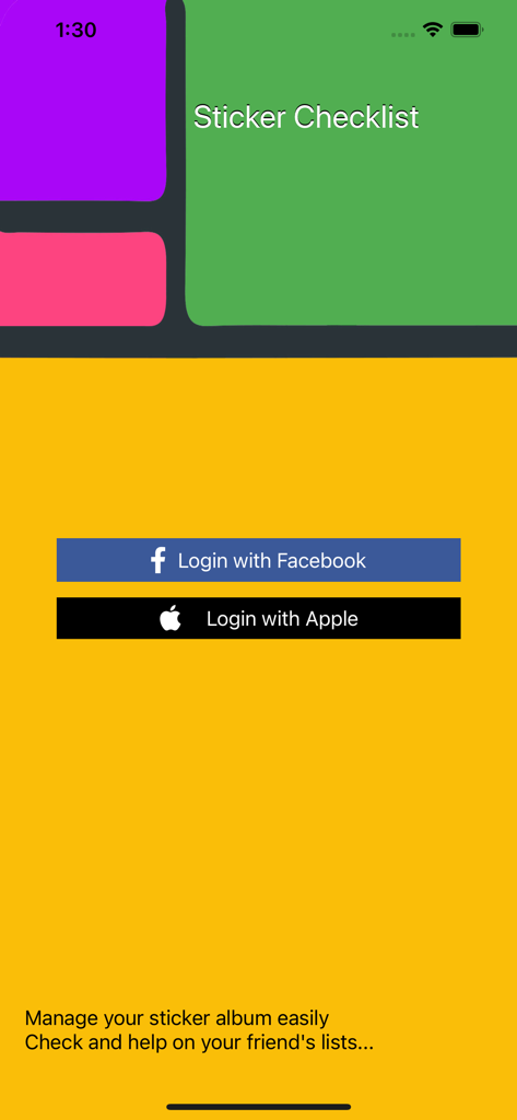 Sticker Album Collection - Tela de login do aplicativo Coleção de Álbuns de Figurinhas com botões de login do Facebook e Apple.