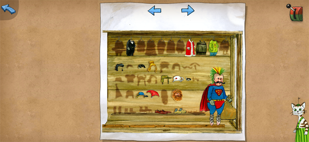 Un écran d'atelier dessiné à la main de Pettson's Inventions 4 montrant un personnage en costume de super-héros à côté d'étagères d'objets farfelus.