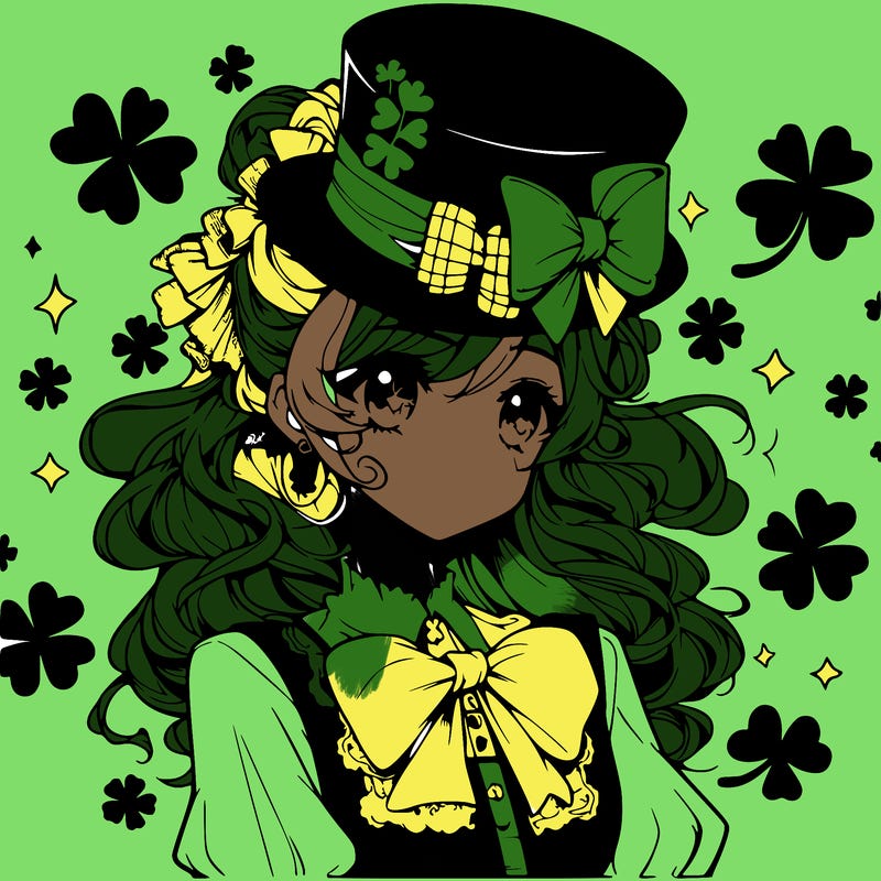 a manga-style girl with clovers around her, a little hat in her hair, like it's saint patrick's day