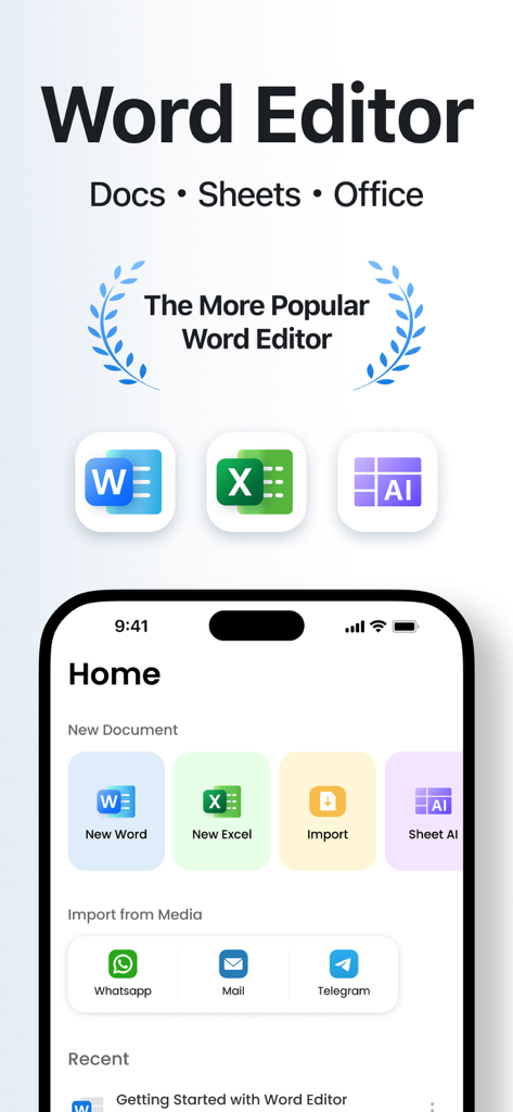Word Editor・Docs・Sheets・Office - Word Editor mobile app interface showing options for new documents spreadsheets and AI tools