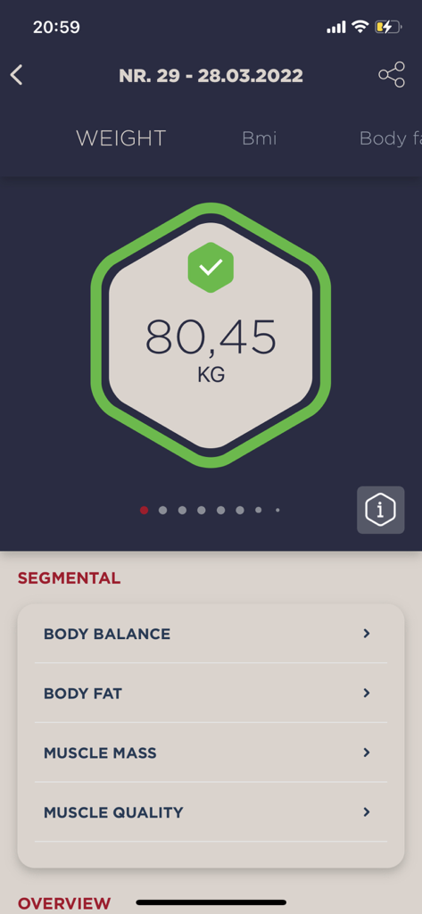 My TANITA – Healthcare App - My Tanita app display showing a weight of 80.45 kg and segmental data options like body fat and muscle mass