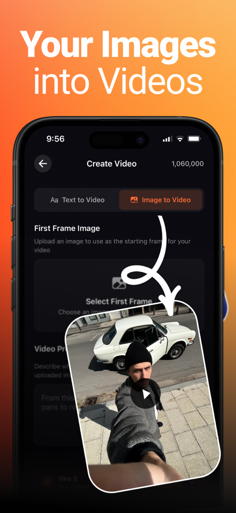 Una interfaz móvil de Flashloop que muestra cómo convertir una foto de un hombre y un coche clásico en un vídeo.