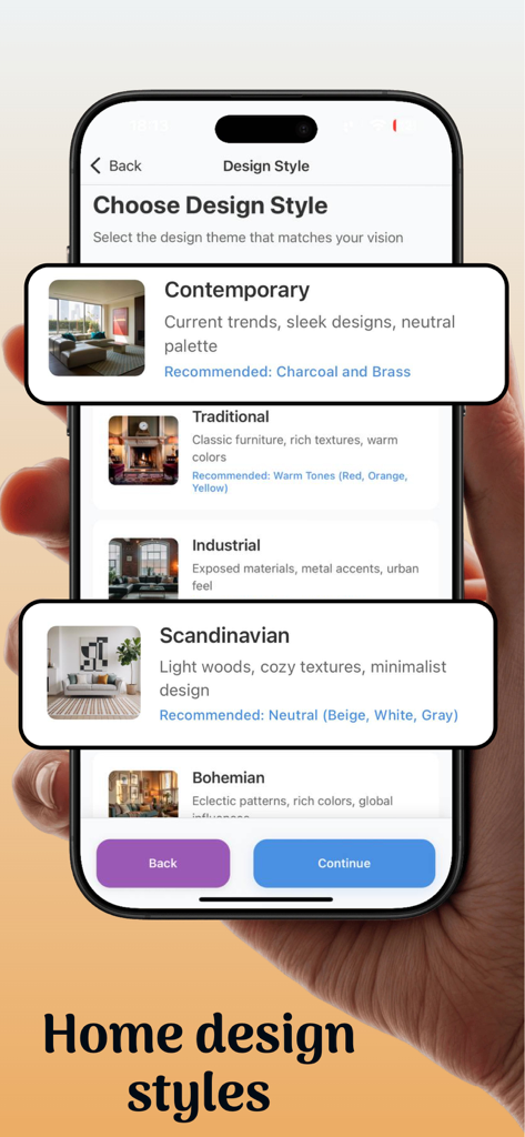 AI Room Design: Space AI - Interfaz de aplicación móvil para elegir estilos de diseño de hogar que incluyen temas Contemporáneo, Tradicional y Escandinavo.