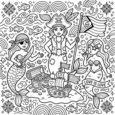 Unleash your creativity with this unique coloring page featuring rebellious pirate mermaids celebrating Pride Month. Discover a world where adventure meets diversity, ready for your artistic touch.