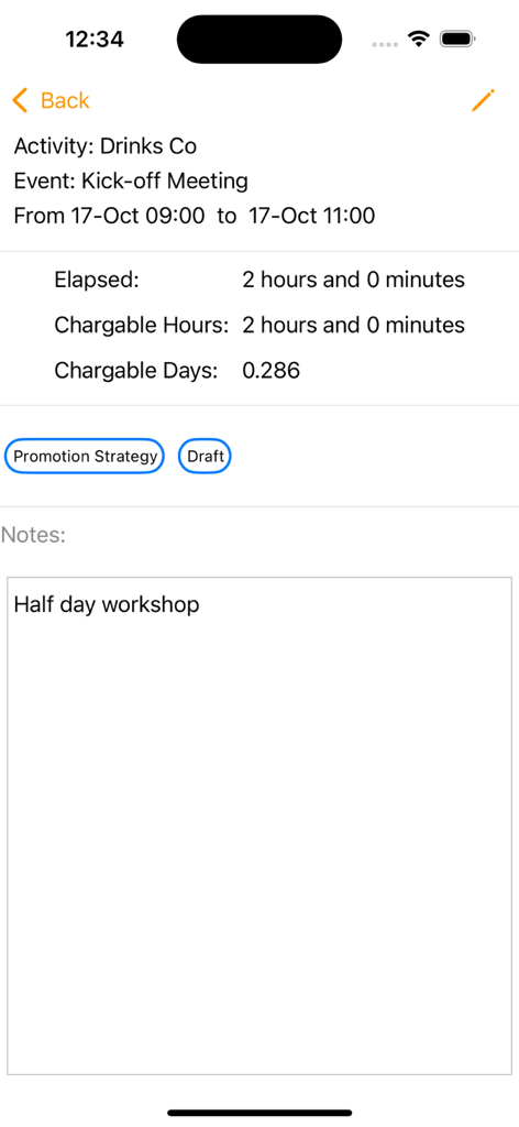 Time Logger - Detailed view of a logged meeting event showing activity name, duration, and chargeable hours.