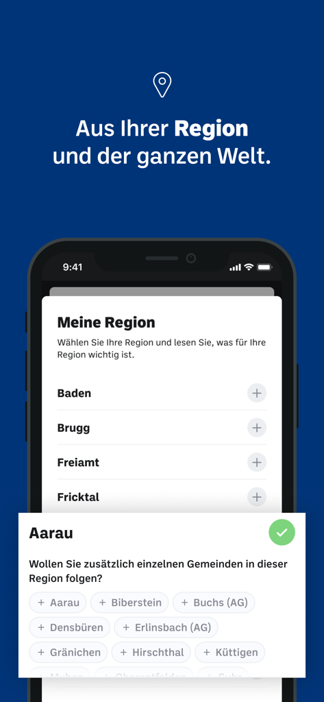 Aargauer Zeitung - Aargauer Zeitung news app screen for selecting local Swiss regions and municipalities