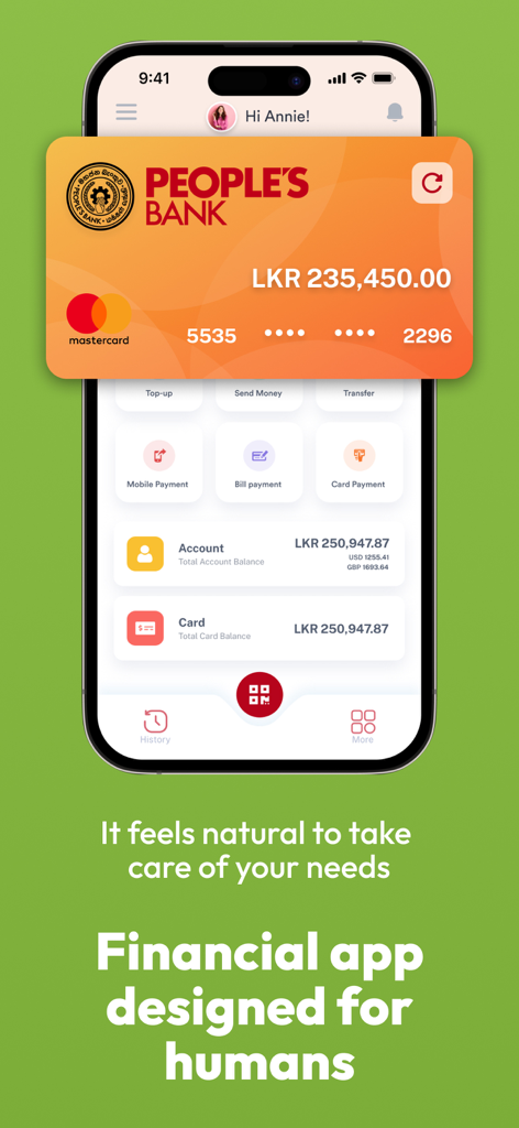 Peoples Pay mobile banking app interface showing digital wallet and account balances in Sri Lankan Rupees.