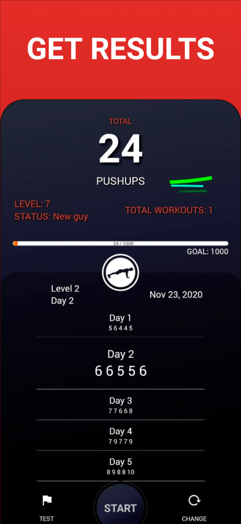 100 Pushups BeStronger Workout - Dashboard of a pushup workout app showing progress and daily exercise sets