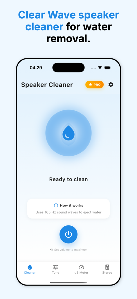 Speaker Cleaner & Clear Wave - Interface of the Speaker Cleaner and Clear Wave app displaying the water removal feature with a power button and sound wave instruction
