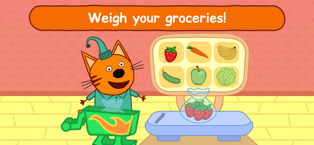 Kid-E-Cats: Supermarket Game! - Cookie the cat weighing a bag of strawberries on a scale in a supermarket mini game.