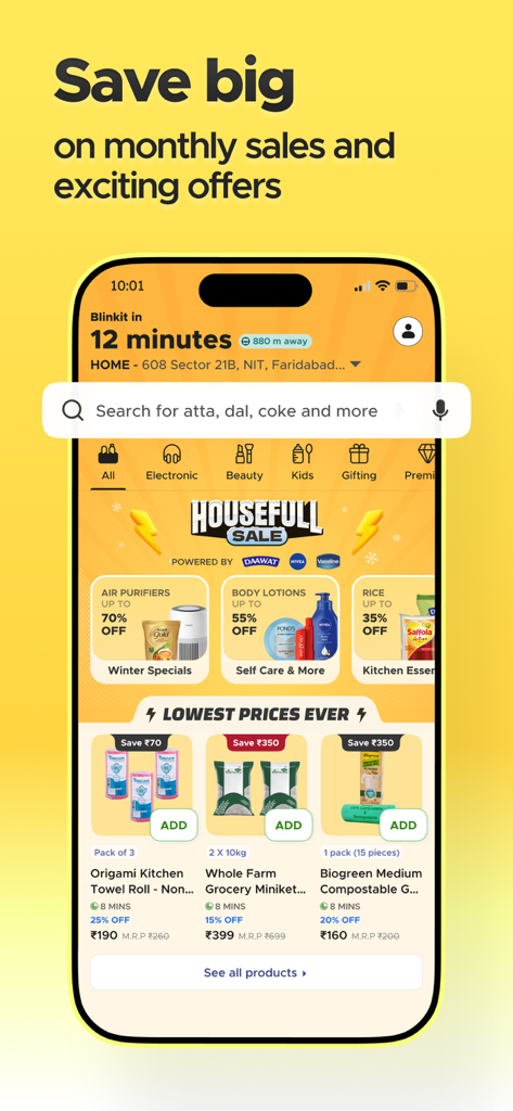 Blinkit: Groceries & more - Interfaccia dell'app Blinkit che mostra la svendita "Housefull" con sconti su purificatori d'aria, lozioni per il corpo e beni di prima necessità.