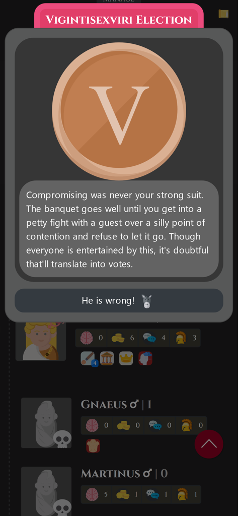 A political election event pop up in the Citizen of Rome dynasty simulator showing a social interaction choice