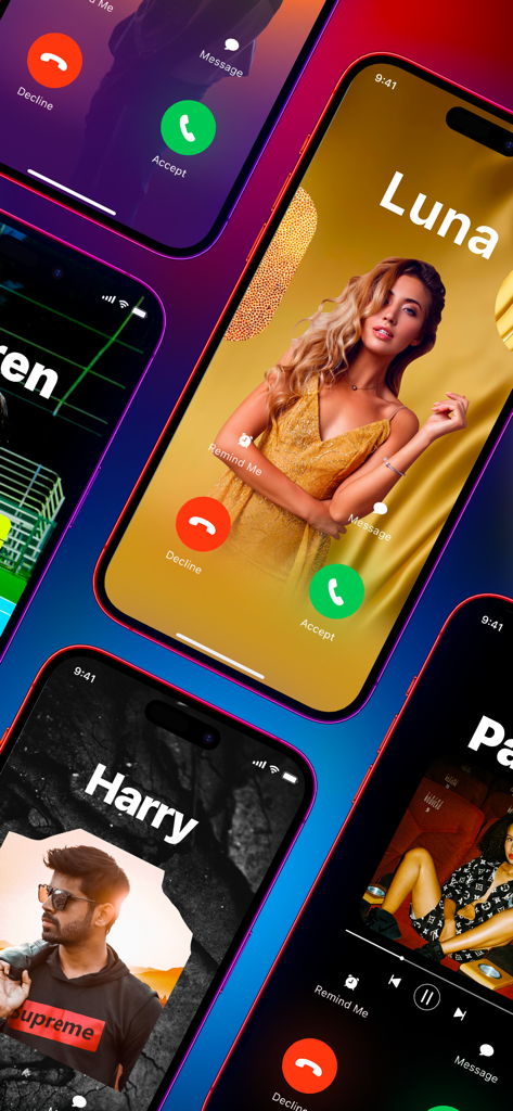 Contact Poster: Caller Screen - A display of multiple personalized contact poster templates for mobile calls