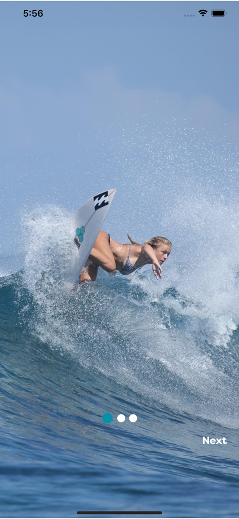 Female surfer performing a turn on a wave in the SurfersCompass onboarding screen