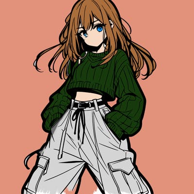 anime teen girl with baggy pants and crop top with sweater