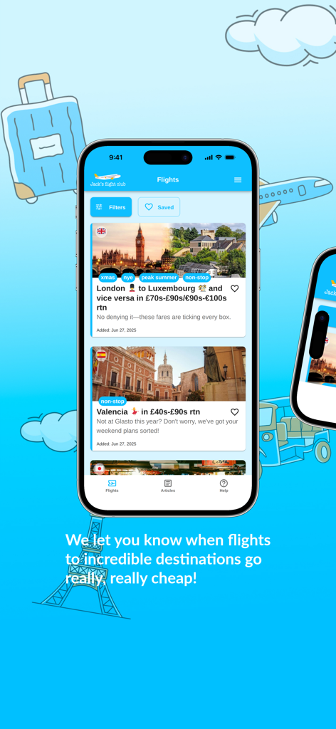 Interfaz de la aplicación móvil Jacks Flight Club que muestra alertas de vuelos baratos y ofertas de viajes
