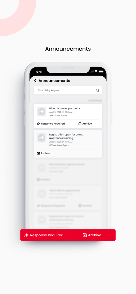Announcements screen in the COMPASS NIL app showing athletic opportunities and brand training.