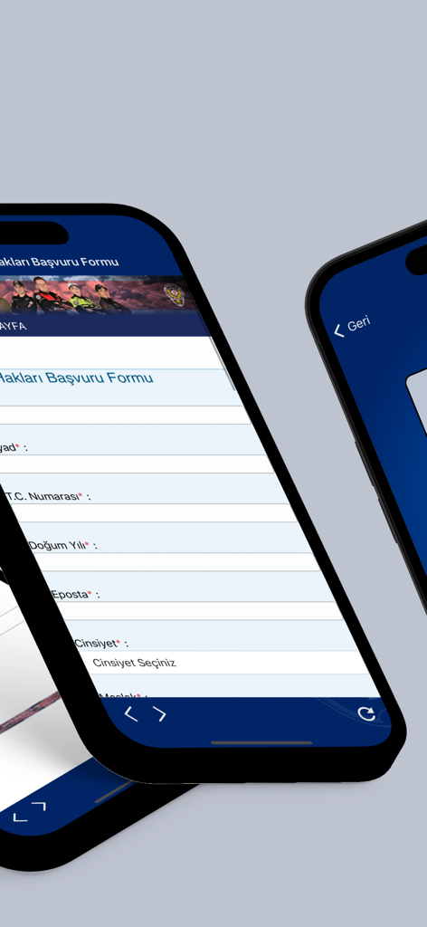 EGM Mobil - Screenshot dell'app EGM Mobil che mostra un modulo di richiesta diritti del governo turco con campi per numero di identificazione e dati personali.