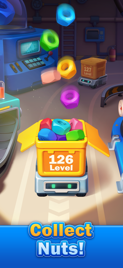 Nuts Factory: Sort Puzzle - Tuercas coloridas cayendo en una caja de nivel en un entorno de fábrica industrial con el texto Recoger Tuercas.