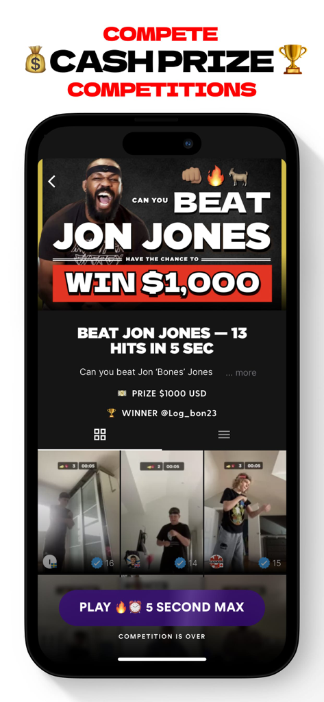 Pantalla de la aplicación Boxbollen que muestra una competencia de premios en efectivo para vencer al atleta profesional Jon Jones en un desafío de cinco segundos