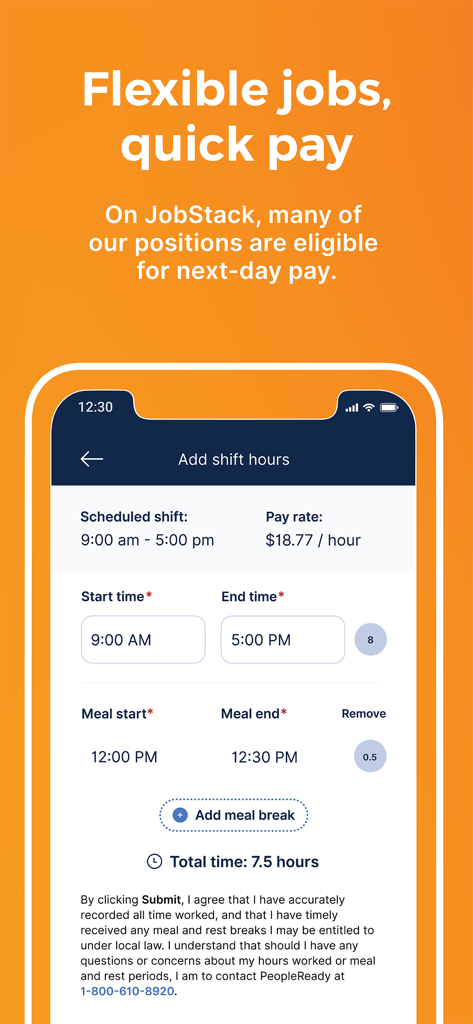 JobStack for Work: Daily Pay - JobStack app screen for adding shift hours and meal breaks with pay rate details