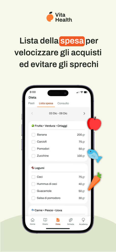 Vita Health - Uno smartphone che mostra l'interfaccia della lista della spesa dell'app Vita Health con categorie per frutta, verdura e legumi.