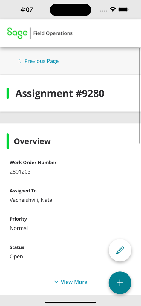 Sage Field Operations - Sage Field Operations app screen showing assignment details including work order number status and priority