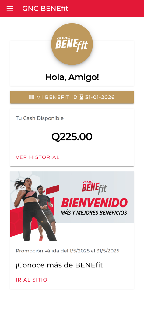 GNC BENEfit app dashboard showing member ID and available cash rewards balance
