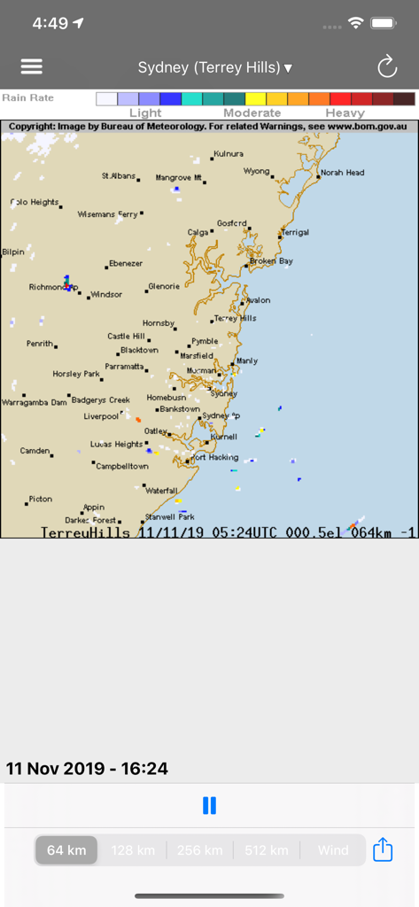 Weather radar map of Sydney showing rain rates and geographic locations on the NSW Fires app interface