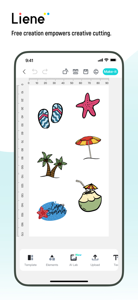 Liene Photo 앱 인터페이스로, 야자수와 불가사리가 있는 여름 테마 스티커 디자인 작업 공간을 보여줍니다.