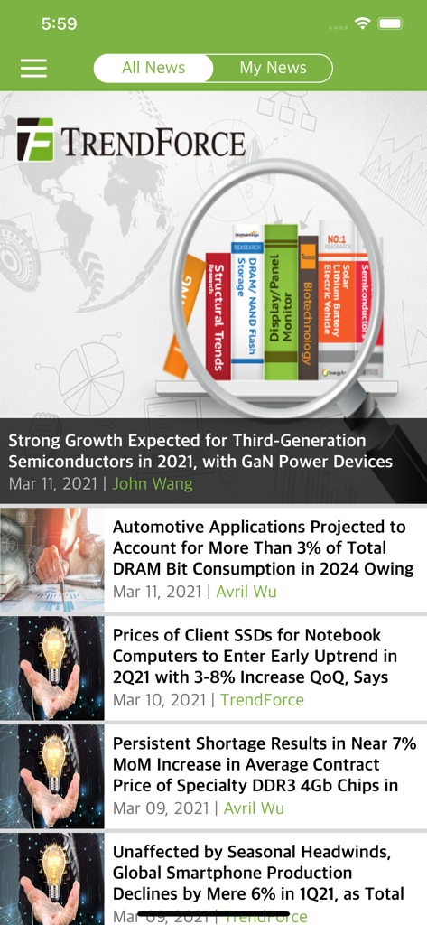 TrendForce mobile app news feed featuring market intelligence articles on semiconductors and DRAM bit consumption