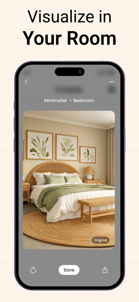 Room Planner: Interior Design - Pantalla de smartphone que muestra un diseño de dormitorio minimalista con una cabecera de mimbre y ropa de cama verde dentro de la interfaz de la aplicación Room Planner